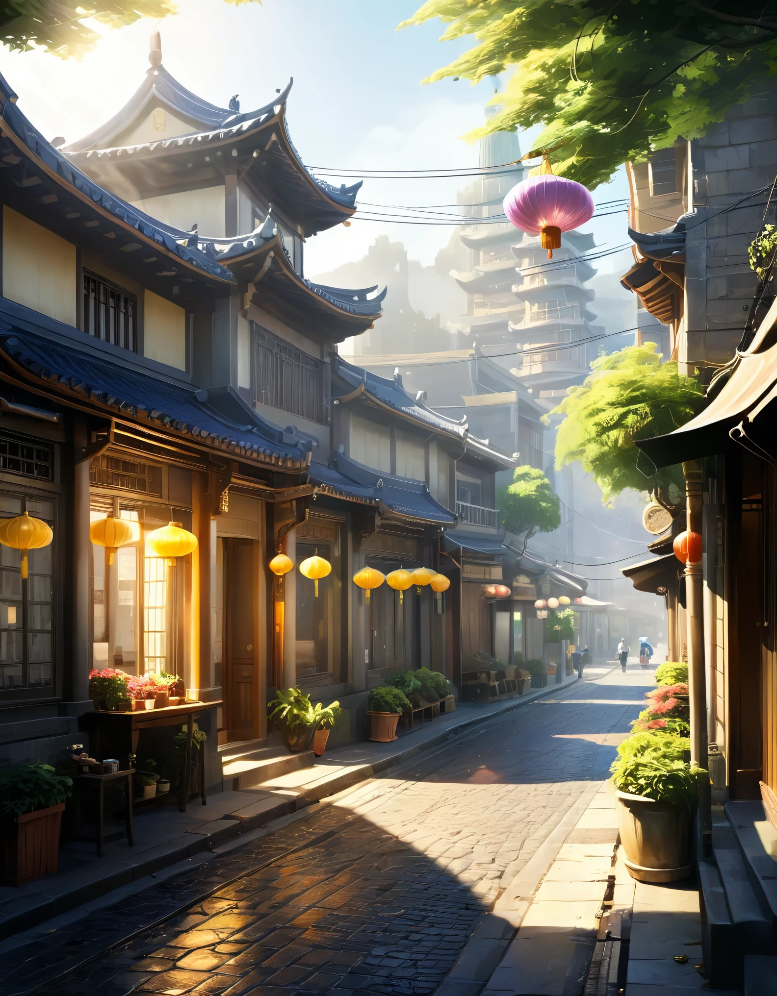 Create a highly detailed and picturesque image of a traditional Asian street scene bathed in warm sunlight. The scene should feature classic wooden buildings with intricate architectural details, extending along both sides of a cobblestone street. The street is bustling with activity, with people walking and engaging in various activities.
The background features rolling hills and a tall clock tower partially shrouded in morning mist, adding depth to the composition. The sunlight filters through the scene, casting a golden glow and long shadows across the street. Include elements like potted plants, hanging lanterns, and street vendors with colorful umbrellas. Ensure the scene has a harmonious blend of natural and architectural beauty, capturing a serene yet lively atmosphere. Ultra realistic, vibrant colors, 16k