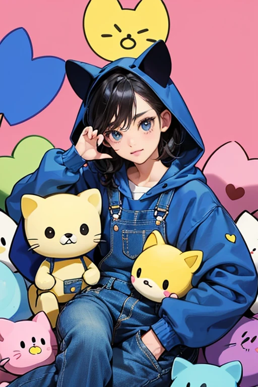 Mametchi is dressed up as Hello Kitty, wearing her blue overalls and a hood resembling her head. The hood itself has Hello Kitty's bow and whiskers. The P's version of Mame Kitty has him doing a split which is one of the poses Hello Kitty is seen doing. He is also accompanied by a teddy bear that sits next to him. SPARKLE; GLITTER
