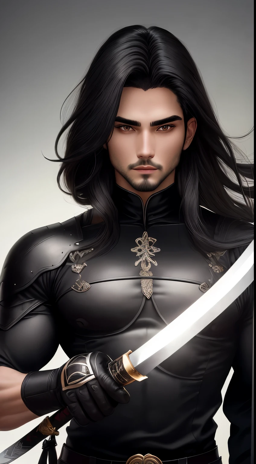 protagonista masculino cabelo grande preto escuro e olhos preto escuro com cicatriz pelo corpo e uma katana linda e uma aura poderosa