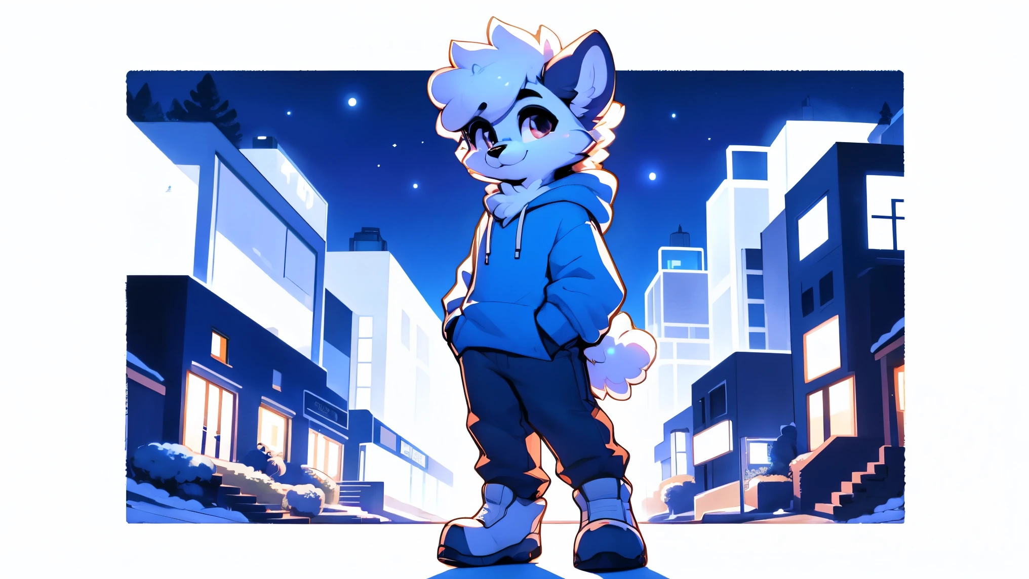 a full body, anthropomorphic white lamb kid wearing a blue hoodie, pants, lamb face, cute face, glossy fur, big fluffy neckfur, posing for a picture in a hill at night with a city in the distance