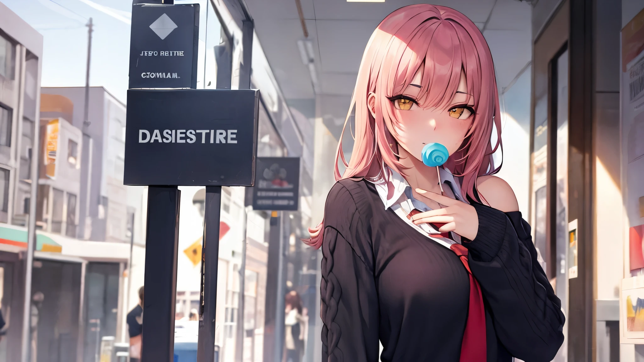 ((melhor qualidade)), ((Obra de arte)), (detalhado), 1 garota, shoulder to shoulder sweater, Desenhe uma colegial comum de anime em uma cidade noturna. She is wearing heavy makeup and holding a lollipop in her mouth. She's near an alley in a neon city, angulos diferenciados, estilo anime, encostada na parede, segurando celular, com mochila nas costas, cabelo comprido, pirulito na boca, maquiagem forte, Closed scenario, pouco amplo, detalhado, High definition, fundo detalhado, evangelion, naruto, taiho shichauzo, konosuba, sakura, sailor moon, nami, epic, efeitos especiais, rev animated, unreal.