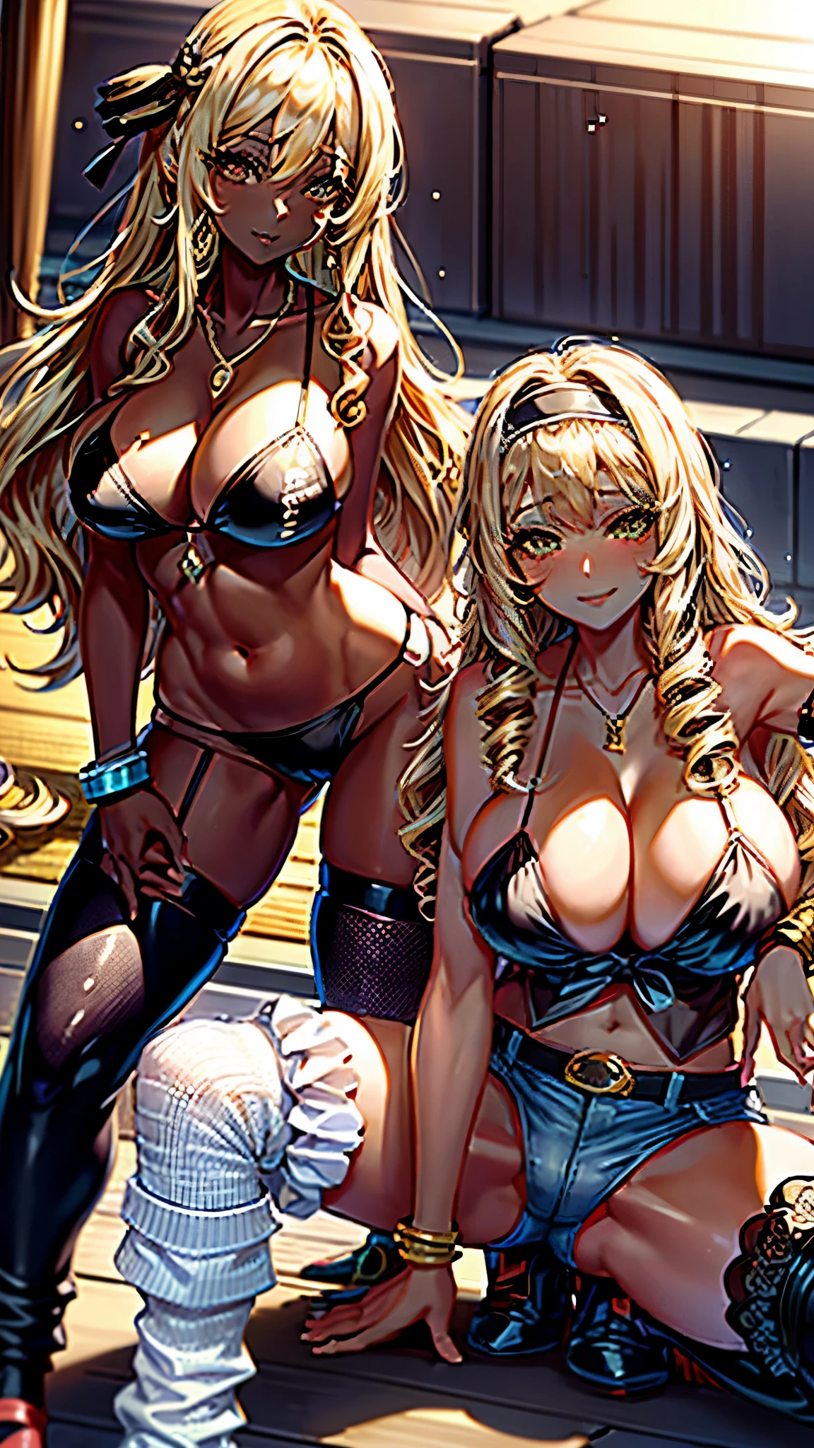 Photorealistic perfect body、Best image quality、Realistic ultra-high quality、(Japanese women:1.4)、(With two girls:1.4)、(Huge breasts:1.6)、(Cleavage:1.5)、(sequin micro bikini:1.5)、(Brightly colored micro bikinis:1.5)、(Belted hot pants:1.6)、(Loose knee-high socks:1.5)、Small waist、(Blonde Hair:1.5)、(Wavy Hair:1.5)、(Curly Hair:1.5)、(sleek bangs)、(Blurred Background)、(smile:1.2)、(Gal-style thick eyeliner:1.1)、(Long eyelashes:1.1)、(False eyelashes:1.1)、Gal-style makeup、Gal-style earrings、Gal style bracelet、(Gal Style Triple Necklace:1.2)
