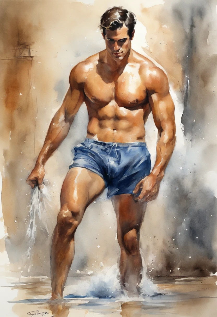 contorno, Estudo da figura masculina de 20 anos, Joven atleta musculoso, standing, corpo robusto completo, completamente nu, totalmente , , Resignation, Au natural, Cubra a virilha com uma toalha branca, apenas traseira, Crowded gym shower with water jets and men showering in the background, Bolos, Por Harry Bush, James Montgomery Flagg e Lois van Baarle e Jim French e RossDrew, Olhos realistas detalhados, large bare feet, large lump in the groin, muito bonito, lindo. Asas de anjo angelical. Aquarela tinta manchada e pingos de tinta. Momen beauty face Henry Cavill underwear marking penis