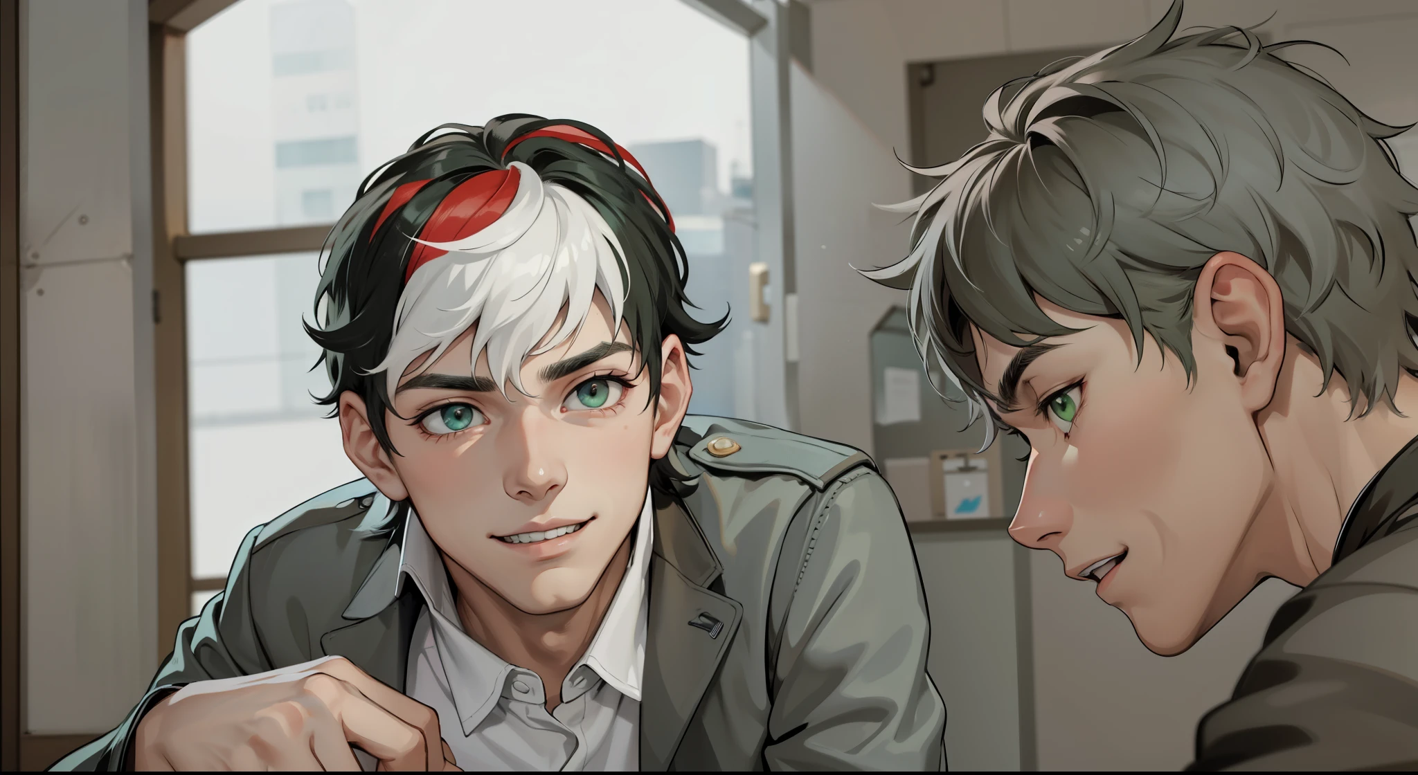se estan mirando alos ojos, cute young man, s old, hair with white streaks, green eyes, smile, mischievous look