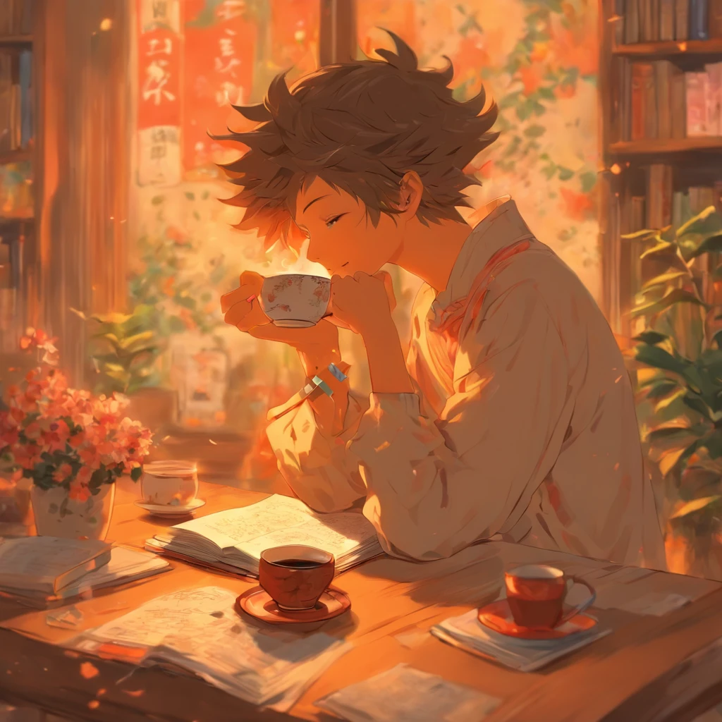 "A person writing in a diary with a cup of tea beside them, em um ambiente acolhedor e tranquilo."