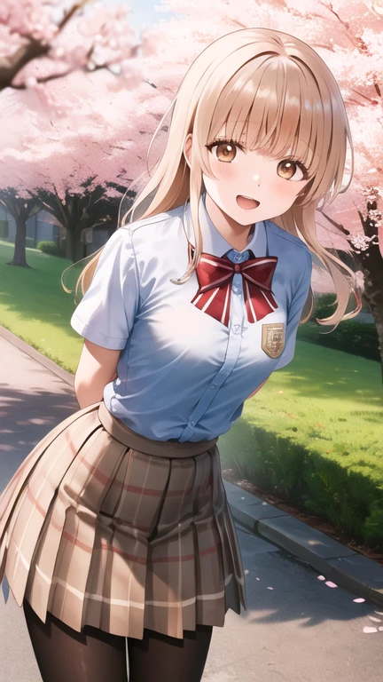 masterpiece, best quality, highres, Shiina Mahiru, long hair, red bowtie, white shirt, short sleeves, plaid skirt, brown skirt, pantyhose, standing, cowboy shot, leaning forward, arms behind back, outdoors, cherry blossoms, smile, open mouth,