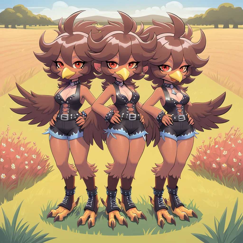 Tengu monster girl triplets with black spikey feathered hair brown brown feathers flightless with long tan beak and talons and a pink fantail wearing a country rockstar outfit in a field