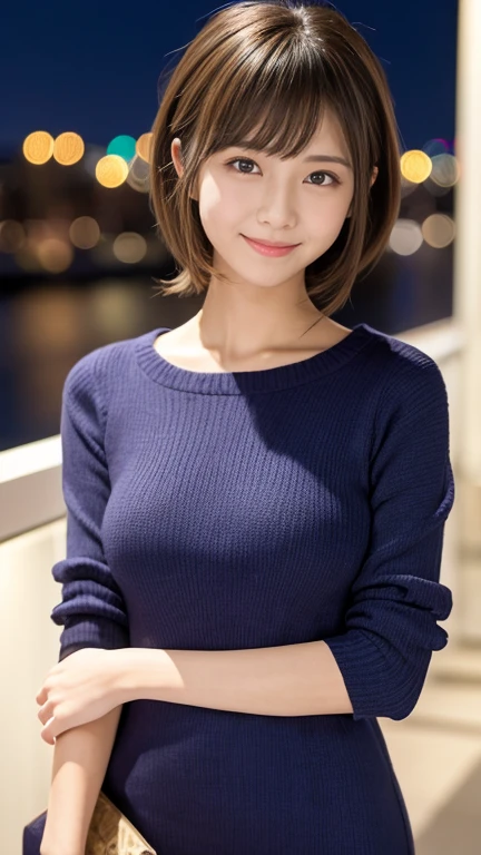 highest quality、8k wallpaper、Reality:1.4、Photographed by a professional photographer、Cinema Lighting、View your viewers、background:Night City、1 beautiful girl、Japanese Idol、23 years old、Beautifully detailed eyes、Detailed face、Beautiful Skin、Slender、Slim waist、Thin legs、Lip balm、Blonde: 1.8、The light is shining on her hair、Fancy hairstyle:1.8、Asymmetrical bangs、Knit dress 、smile:1.8、Seductive pose