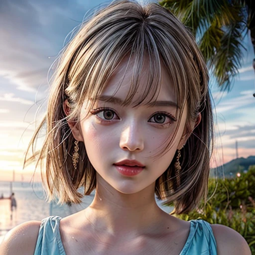 Tiny girl wearing red tube-top dress, Stroll along evening Beach, (Acutance:0.85), Masterpiece of 8K Ultra-detailed, (VolumetricLighting), SmoothShading, (RAW photorealistic:1.37), (Close-up:1.4), (Gazing at the sunseting colorful sky) (Dazzling bokeh:1.28), { (Golden ray illuminating face) | (Vivid Photon Particles) | (Gust of wind) } . (((Extremely detailed a face variation of NOGIZAKA girls))), perfect anatomy, Childish, captivating gaze, elaborate detailed Eyes with (sparkling highlights:1.28), long eyelashes、Glossy RED Lips with beautiful details, Coquettish tongue, Rosy cheeks, (Detailed Flawless Skin, Radiant PearlSkin with clear transparency) , Monotone SilkyHair, Random HairColor. { (Dynamic joyful expressions) | (:d) }, (no Large eyes, no tree).