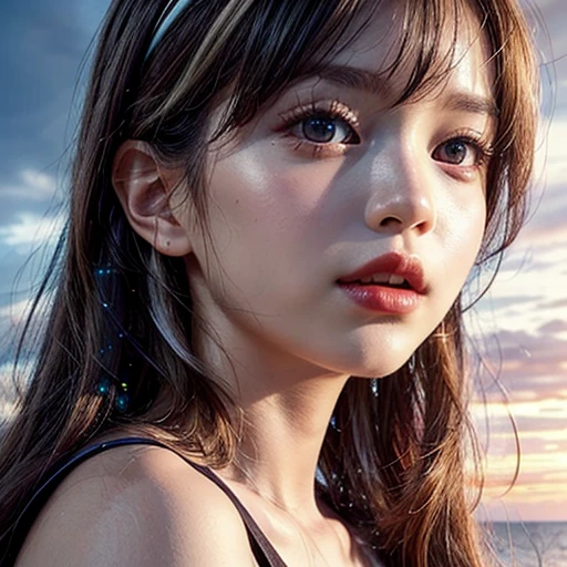 Tiny girl wearing red tube-top dress, Stroll along evening Beach, (Acutance:0.85), Masterpiece of 8K Ultra-detailed, (VolumetricLighting), SmoothShading, (RAW photorealistic:1.37), (Close-up:1.4), (Gazing at the sunseting colorful sky) (Dazzling bokeh:1.28), { (Golden ray illuminating face) | (Vivid Photon Particles) | (Gust of wind) } . (((Extremely detailed a face variation of NOGIZAKA girls))), perfect anatomy, Childish, captivating gaze, elaborate detailed Eyes with (sparkling highlights:1.28), long eyelashes、Glossy RED Lips with beautiful details, Coquettish tongue, Rosy cheeks, (Detailed Flawless Skin, Radiant PearlSkin with clear transparency) , Monotone SilkyHair, Random HairColor. { (Dynamic joyful expressions) | (:d) }, (no Large eyes, no tree).