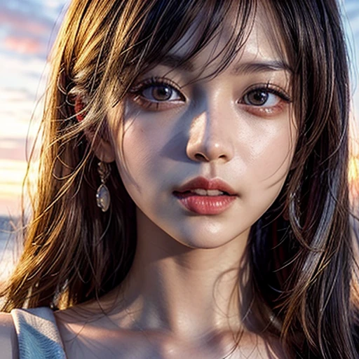 Tiny girl wearing red tube-top dress, Stroll along evening Beach, (Acutance:0.85), Masterpiece of 8K Ultra-detailed, (VolumetricLighting), SmoothShading, (RAW photorealistic:1.37), (Close-up:1.4), (Gazing at the sunseting colorful sky) (Dazzling bokeh:1.28), { (Golden ray illuminating face) | (Vivid Photon Particles) | (Gust of wind) } . (((Extremely detailed a face variation of NOGIZAKA girls))), perfect anatomy, Childish, captivating gaze, elaborate detailed Eyes with (sparkling highlights:1.28), long eyelashes、Glossy RED Lips with beautiful details, Coquettish tongue, Rosy cheeks, (Detailed Flawless Skin, Radiant PearlSkin with clear transparency) , Monotone SilkyHair, Random HairColor. { (Dynamic joyful expressions) | (:d) }, (no Large eyes, no tree).