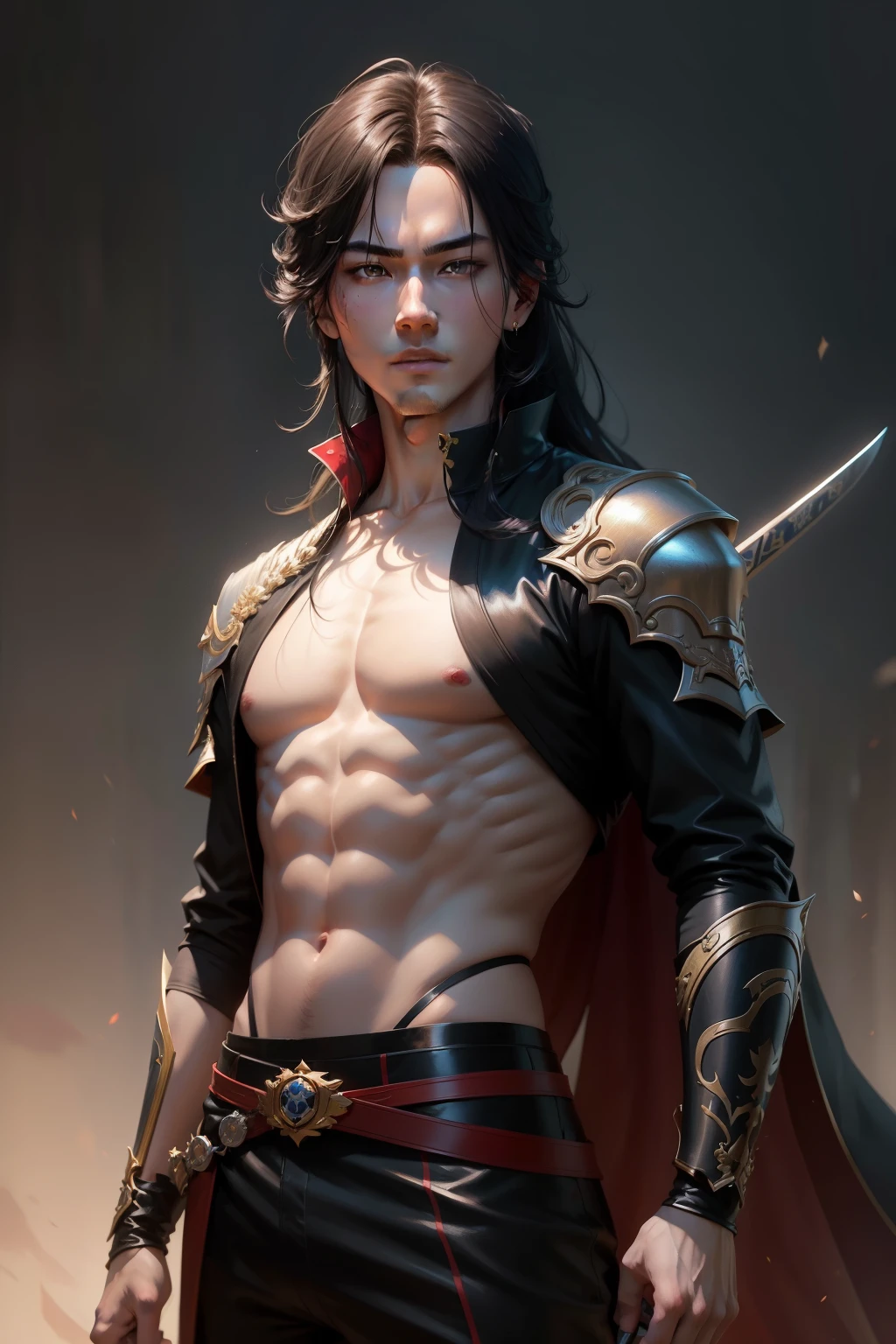 Young super handsome male prince holding a sword from Japan Cabelo preto curto bob Young handsome prince with dark eyes Special black and red metallic exterior ofuscante Ranger os dentes e ficar com raiva suor fluindo na floresta realista8K-High Resolution fundo realista fundo claro uma foto wojtek fus, por Yang J, inspirado em Yanjun Cheng, Inspirado por Adrian Zing, wlop e ross tran, Yangjun Chen, chengwei pot at art station, sociedade cg e fenghua zhong, obras de arte no estilo de guweiz