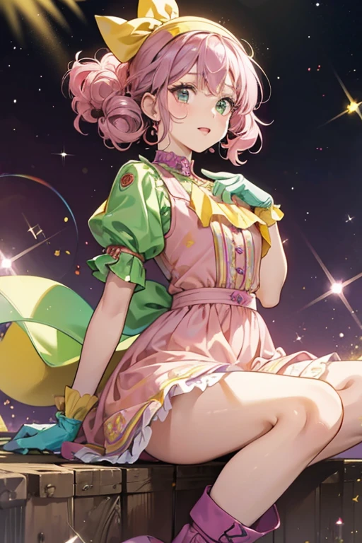 Marketchi has light pink skin, light red cheeks, and curly purple hair. She wears a green and yellow dress, gray gloves and boots, and a yellow bandanna. In the anime, she has brown irises. SPARKLE; GLITTER
