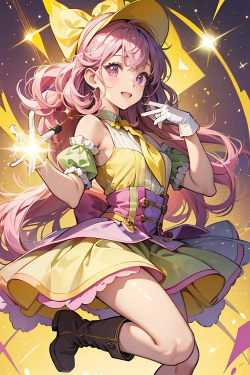 Marketchi has light pink skin, light red cheeks, and curly purple hair. She wears a green and yellow dress, gray gloves and boots, and a yellow bandanna. In the anime, she has brown irises. SPARKLE; GLITTER