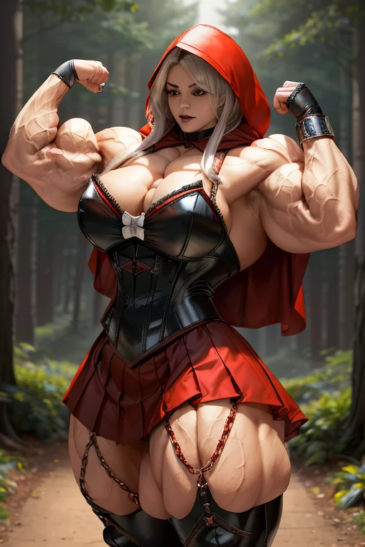 ((((Massive, beautiful, light brown skinned, buff, muscular woman with white hair, black lipstick, ginormous bulky muscles and wearing a mechanized red riding hood cosplay with a beautiful pleated skirt)))), {close view}, massive muscles, massive biceps, hyper muscle shoulders, vascular shoulders, hyper muscle triceps, (long straight hair), blue eyes, red hood cosplay, corset, chain belt, choker, thigh high heels, (in a forest), fingerless gloves, closed smile, night, hyper vascular arm, hyper muscles arms, hyper muscle legs, massive arms.