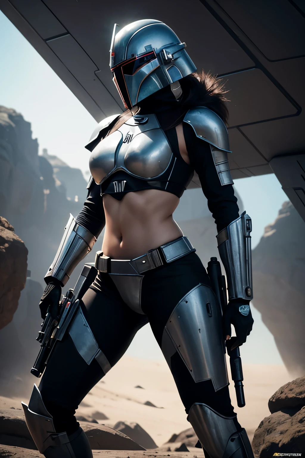 In a dynamic action pose, cuerpo completo, cuerpo completo muy detallado, Tres personas en armadura de bikini, All in a dynamic action pose with a futuristic laser rifle, Dynamic strength posture, Mujeres con un disfraz de bikini cyberpunk de Star Wars posando para una foto, Armadura de bikini, Armadura de mujer de Star Wars Cyberpunk, Fotograma de Boba Fett, bikini-armadura, Arcane Wizard x Boba Fett, Fotograma de The Stars War Show, posando en solitario, Ariana Grande en Star Wars, cazarrecompensas, Bikini realista, Personaje de Star Wars, Armadura de bikini, Imagen real 3D, On a desert planet with spaceships, I was in the country, soldados a su alrededor, Planetas, Naves espaciales, Color vibrante, Trazado de rayos, colores vibrantes, sharp focus, La mejor calidad, Profundidad de campo, cinematic lighting, Obra maestra, La mejor calidad, La mejor calidad, asombroso, Hermoso detalle, Renderizado de mezclador, Professional photosHot artwork super futuristic helmet, drow macho, Boina Negra, Brock Lesnar, Motor Unreal 5, Sombras reales, proporcionar la figura humana, Escala figura humana, todas las personas en el mismo