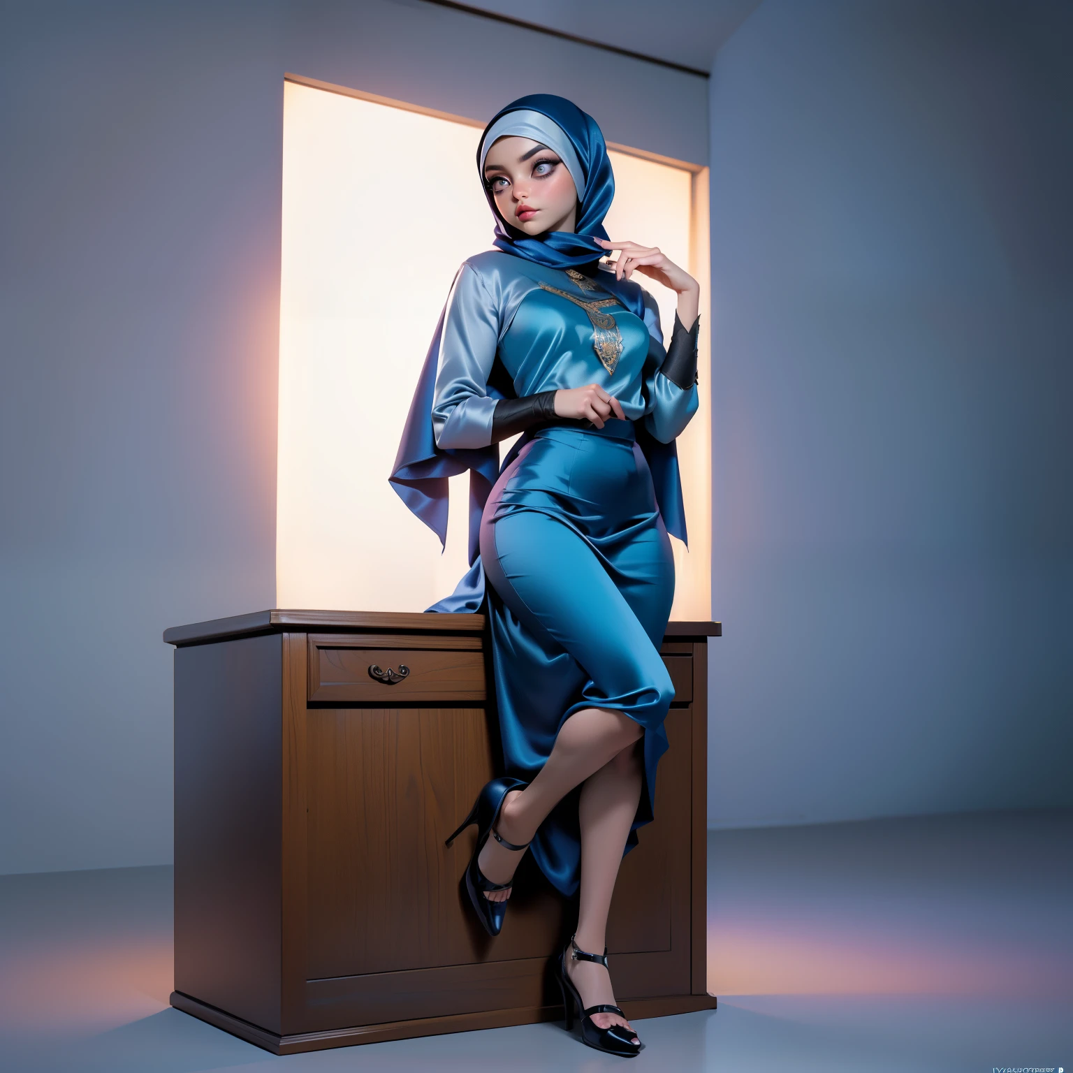((Masterpiece, best quality, photography, detailed skin, realistic, photo-realistic, 8k, highly detailed, full length frame, High detail RAW color art, diffused soft lighting, shallow depth of field, sharp focus, hyperrealism, cinematic lighting, hijab, a woman in a beautifully makeup, smokey eyeshadow, beautiful big eyes, long eye lashes, wearing (Dark blue satin hijab), loosely tide hijab style, ((gray satin shirt)), satin long maxi skirt, lean on office desk
