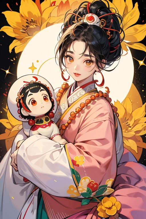 Marotchi looks like the head of a Hina doll, and somewhat like an Okame mask. She is round and white with orange feet, but no arms or body. She has small eyes, tiny eyebrows, red lips, and pink cheeks. She has black hair tied up in two loops by a hair ornament made of yellow beads and a red flower. SPARKLE; GLITTER