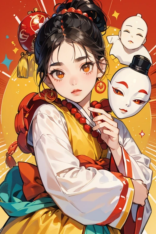 Marotchi looks like the head of a Hina doll, and somewhat like an Okame mask. She is round and white with orange feet, but no arms or body. She has small eyes, tiny eyebrows, red lips, and pink cheeks. She has black hair tied up in two loops by a hair ornament made of yellow beads and a red flower. SPARKLE; GLITTER