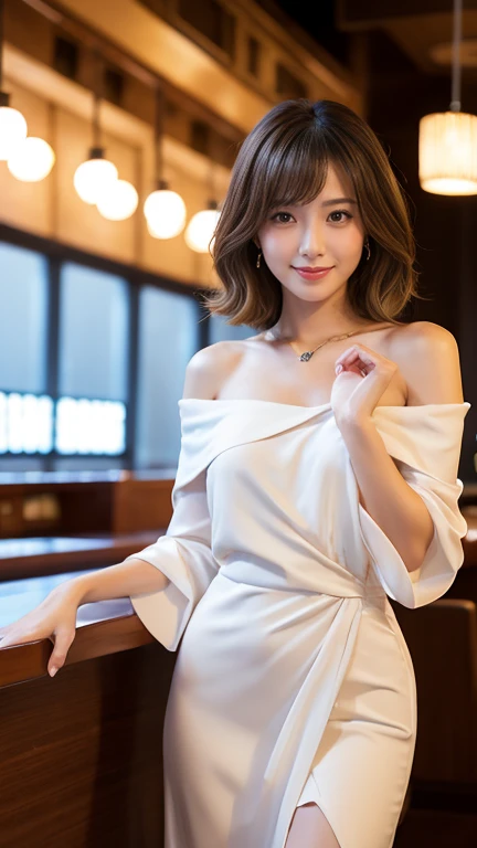 highest quality、8k wallpaper、Reality:1.4、Photographed by a professional photographer、Cinema Lighting、View your viewers、background:Gorgeous bar lounge at night、1 beautiful girl、Japanese Idol、30 years old、Beautifully detailed eyes、Detailed face、Beautiful Skin、Slender、Slim waist、Thin legs、Red lipstick、Fancy hairstyle:1.8、Random hair color、Light Hair、The light is shining on her hair、Asymmetrical bangs、Off-the-shoulder dress、I can see your chest 、smile:1.4、Seductive pose