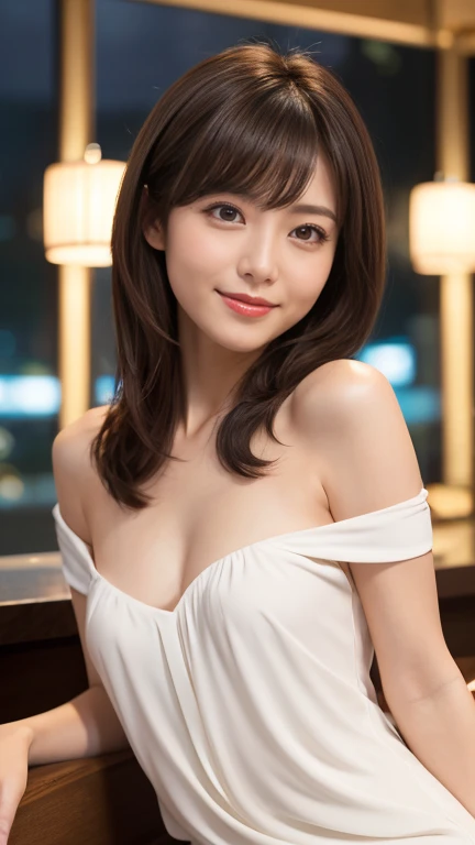highest quality、8k wallpaper、Reality:1.4、Photographed by a professional photographer、Cinema Lighting、View your viewers、background:Gorgeous bar lounge at night、1 beautiful girl、Japanese Idol、30 years old、Beautifully detailed eyes、Detailed face、Beautiful Skin、Slender、Slim waist、Thin legs、Red lipstick、Fancy hairstyle:1.8、Random hair color、Light Hair、The light is shining on her hair、Asymmetrical bangs、Off-the-shoulder dress、I can see your chest 、smile:1.4、Seductive pose