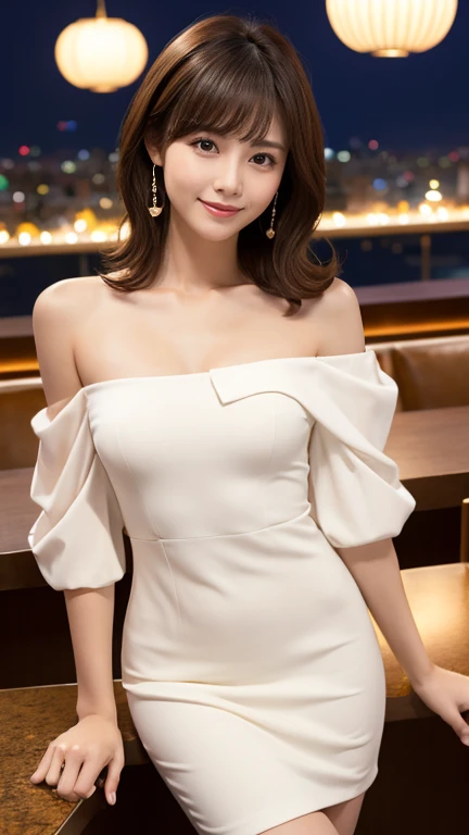 highest quality、8k wallpaper、Reality:1.4、Photographed by a professional photographer、Cinema Lighting、View your viewers、background:Gorgeous bar lounge at night、1 beautiful girl、Japanese Idol、30 years old、Beautifully detailed eyes、Detailed face、Beautiful Skin、Slender、Slim waist、Thin legs、Red lipstick、Fancy hairstyle:1.8、Random hair color、Light Hair、The light is shining on her hair、Asymmetrical bangs、Off-the-shoulder dress、I can see your chest 、smile:1.4、Seductive pose