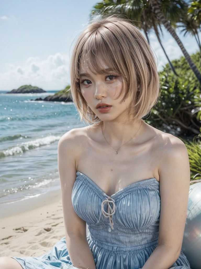 delicate and beautiful CG art, (best quality, ultra-detailed, high resolution), (dynamic angle, dynamic lighting), (1 girl), long pink and blonde hair, beautiful blue eyes, beautiful face, 1 girl, long bangs, plants, smiling, long blue dress, beach, water, beach ball, seashells, sunny, windy, sexy, full body, ((short hair:1.5))