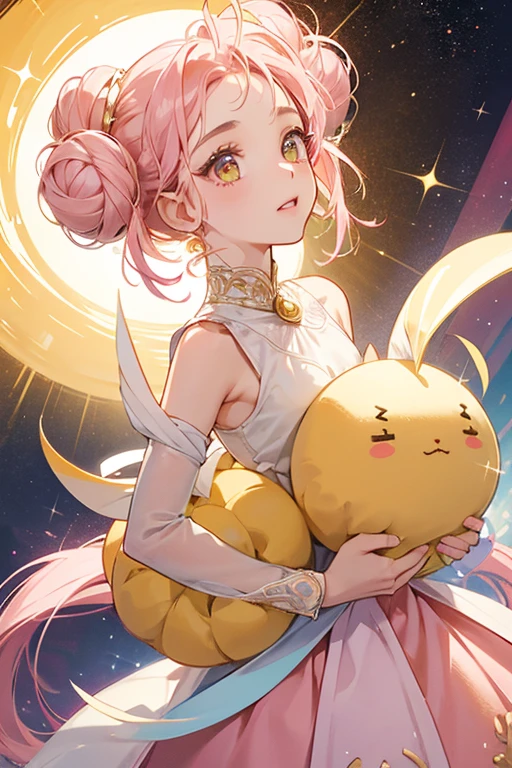 Marupitchi has body with rosy pink cheeks, a small tuft of hair above her eyes, eyelashes, and round, yellow buns on either side of her head. In the first generation, Marupitchi has a light pink body. SPARKLE; GLITTER
