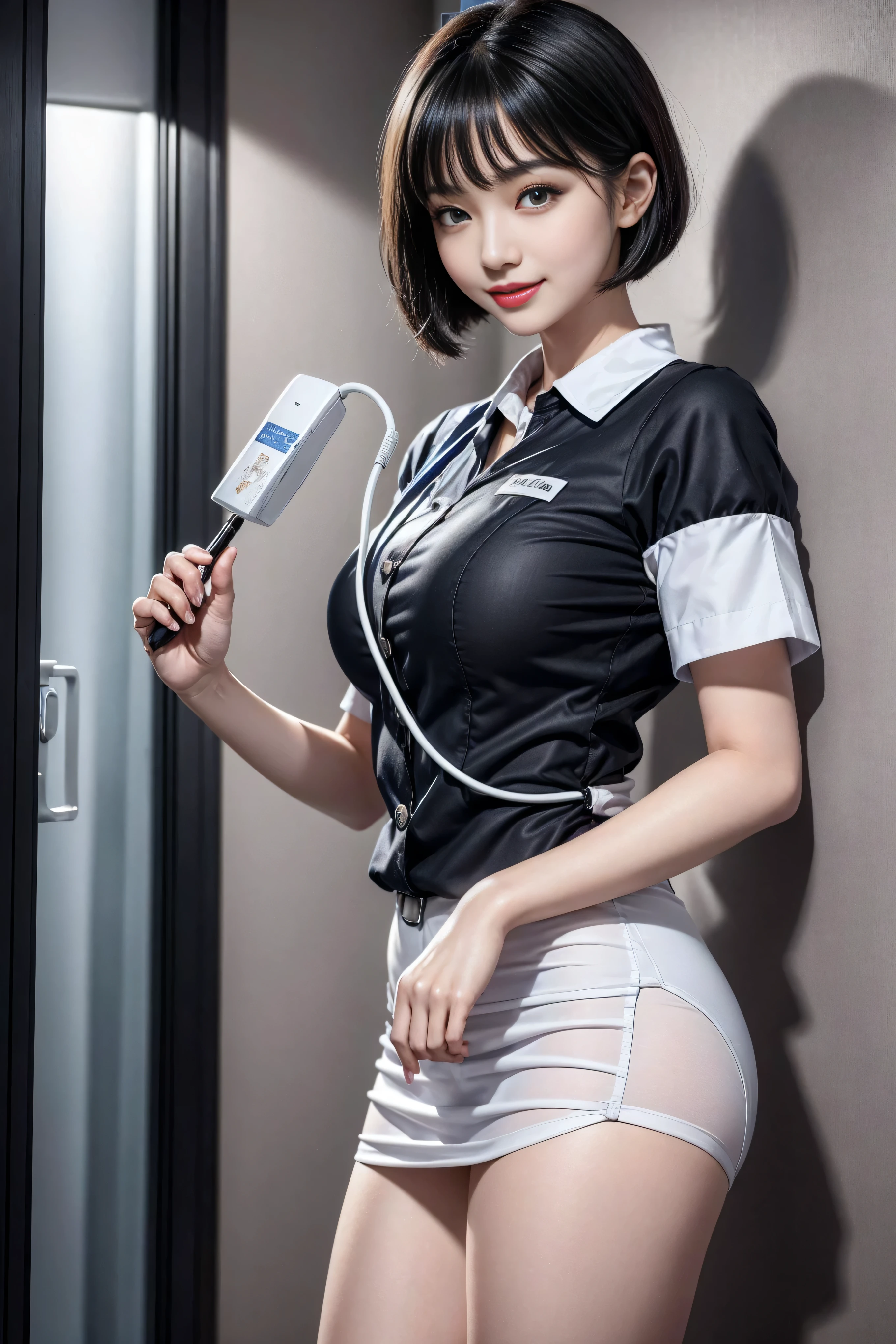 (3 Ultimate Beauty Nurse)、{{{masterpiece}}}， {Oh oh oh, Oh, really：1.2}， best quality， Official Art， Highly detailed CG Unity 8k wallpaper， Very rich facial details、Delicate lips、Delicate eyes、Double eyelids、((Black Bob Hair))、(Nurse:1.3)、(Attractive figure)、(huge)、（（Open mouth smile： 1.8， Lovely smile： 1.8））， solo， Short hair details， Energetic smile， blue eyes，With eyes_Tokar， {Beautiful detailed gradient eyes}， Red lips，thigh, thigh, thigh, Perfect fit, Perfect ImageReality, Background and: (Hospital Ward:1.2), Cow Boy Shooting, Detailed background, Detailed clothing, Wearing a nurse hat，Wear nurse uniform，Perfect lighting、Surreal、(Reality:1.4)、8K maximum resolution, (masterpiece), Very detailed content, professional，