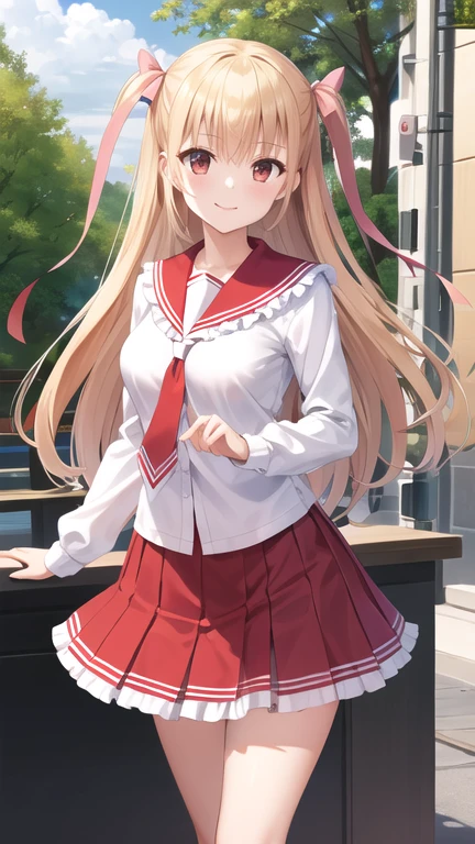 masterpiece, best quality, highres, aariko, long hair, blonde hair, two side up, hair ribbon, pink ribbon, , frills, serafuku, sailor collar, necktie, white shirt, long sleeves, red skirt, standing, cowboy shot, outdoors, smile