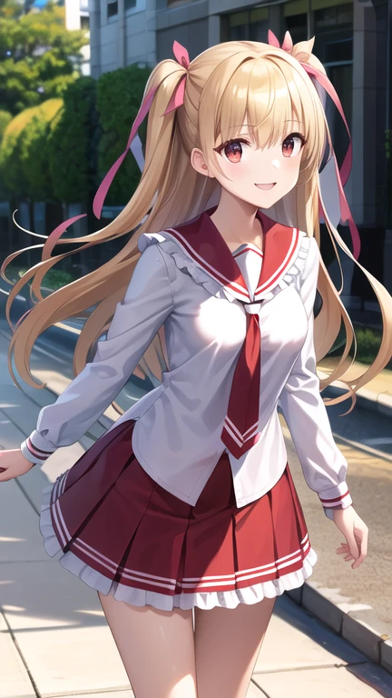 masterpiece, best quality, highres, aariko, long hair, blonde hair, two side up, hair ribbon, pink ribbon, , frills, serafuku, sailor collar, necktie, white shirt, long sleeves, red skirt, standing, cowboy shot, outdoors, smile
