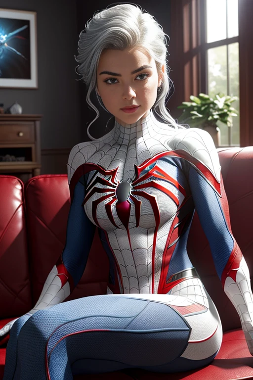 (Extreme Detail CG Unity 8K wallpaper, masterpiece, highest quality), (Exquisite lighting and shadow, highly dramatic picture, Cinematic lens effect), a girl in a white Spider-Man costume, silver gray hair color, from the Spider-Man parallel universe, Wenger, Marvel, Spider-Man, sitting on the couch, dynamic pose), (excellent detail, excellent lighting, wide angle), (excellent rendering, enough to stand out in its class), focus on white Spider-Man costumes, complex spider textures