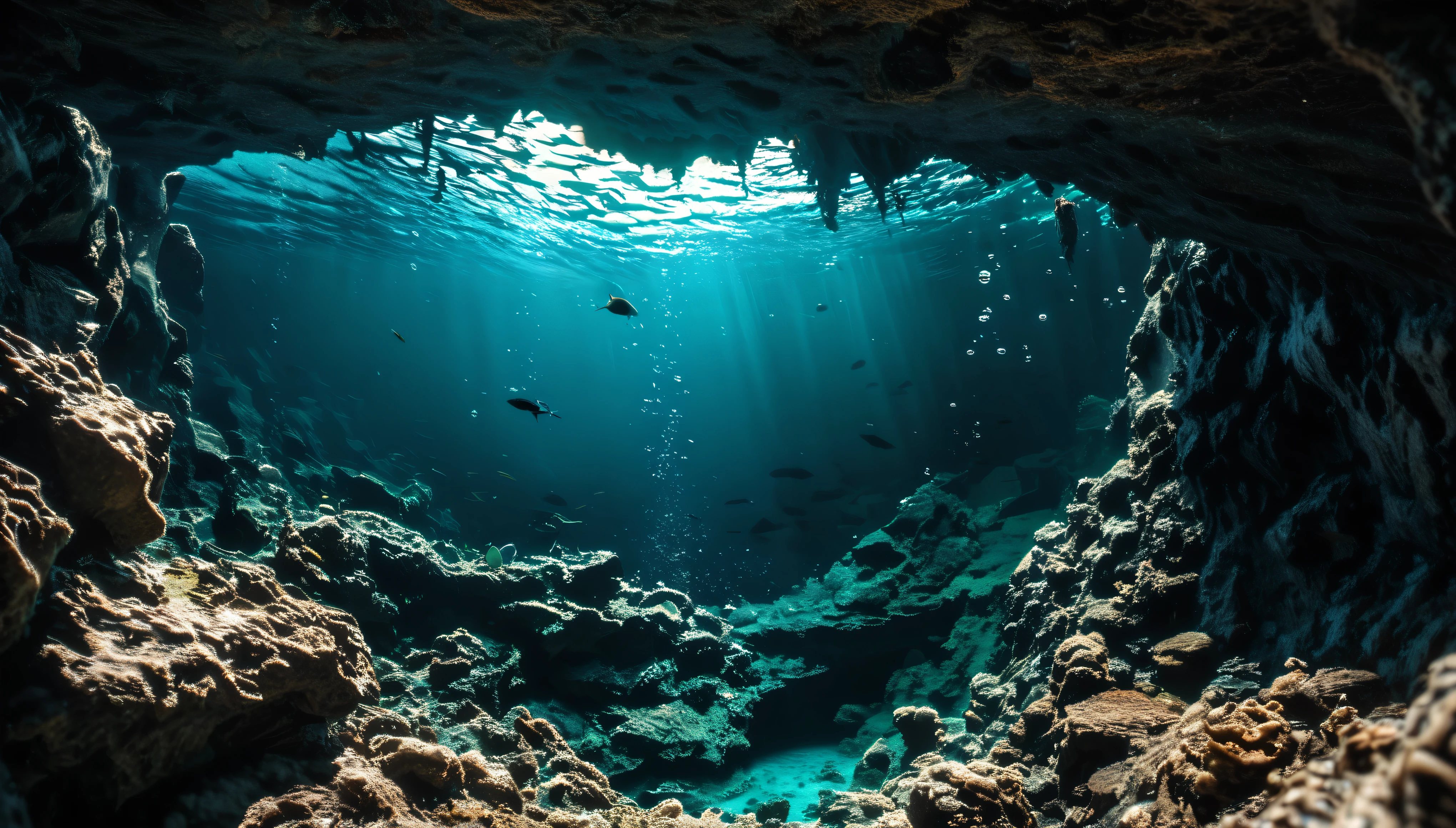 scenery, ultra detailed, 8k, abyss, in the abyss, in the sea, bubble, deep blue, viewer can't see the ocean floor, blue, real, raw photo