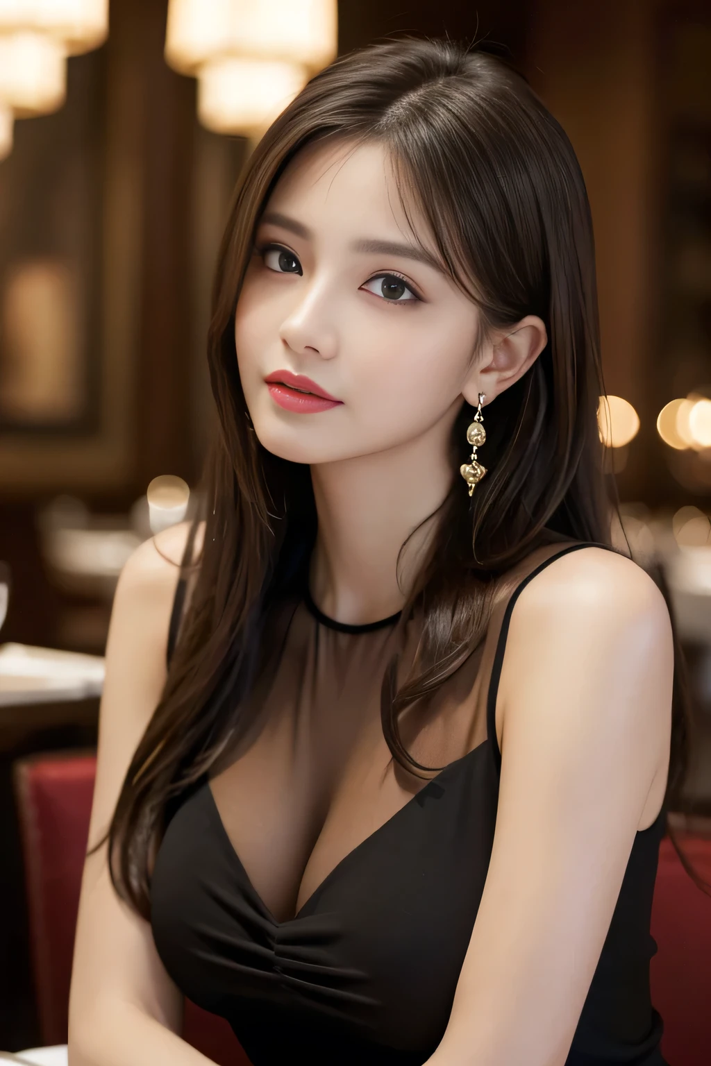 masterpiece, highest quality, Realistic, Very detailed, Finer details, High resolution, 8k wallpaper, One beautiful woman, Wear an elegant black see-through blouse, In a great restaurant, At night, Light brown messy hair, Perfect dynamic composition, Beautiful and beautiful eyes、Big earrings、Sleeveless shirt、