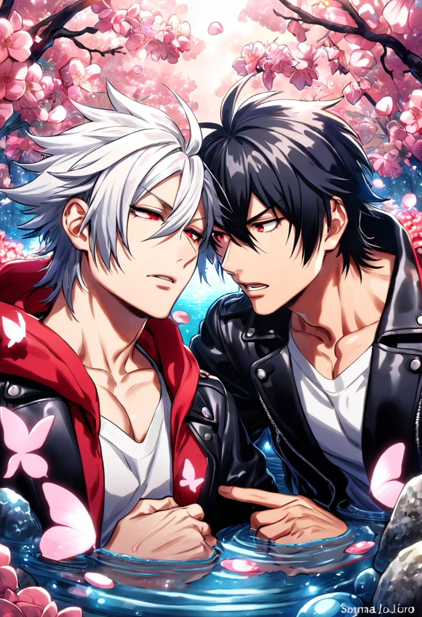 absurdres, highres, ultra detailed, HDR, master piece, best quality, Aohitsugi Samatoki, white hair, expressive red eyes, hypnosis mic, Yamada Ichiro, black hair, expressive red eyes, two sexy men together, gay couple, yaoi, handsome, toned chest, black leather jacket, white shirt, red hoodie, magical, fantasy, shining, water, pink flowers, pink blossoms, pink butterflies, pink petals
