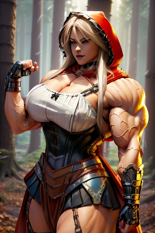 ((((Massive, beautiful, light brown skinned, buff, muscular woman with white hair, black lipstick, ginormous bulky muscles and wearing a mechanized red riding hood cosplay with a beautiful long pleated skirt)))), {close view}, massive muscles, massive biceps, hyper muscle shoulders, vascular shoulders, hyper muscle triceps, (long straight hair), blue eyes, red hood cosplay, corset, long pleated skirt, chain belt, choker, thigh high heels, (in a forest), fingerless gloves, closed smile, night, hyper vascular arm, hyper muscles arms, hyper muscle legs, massive arms.