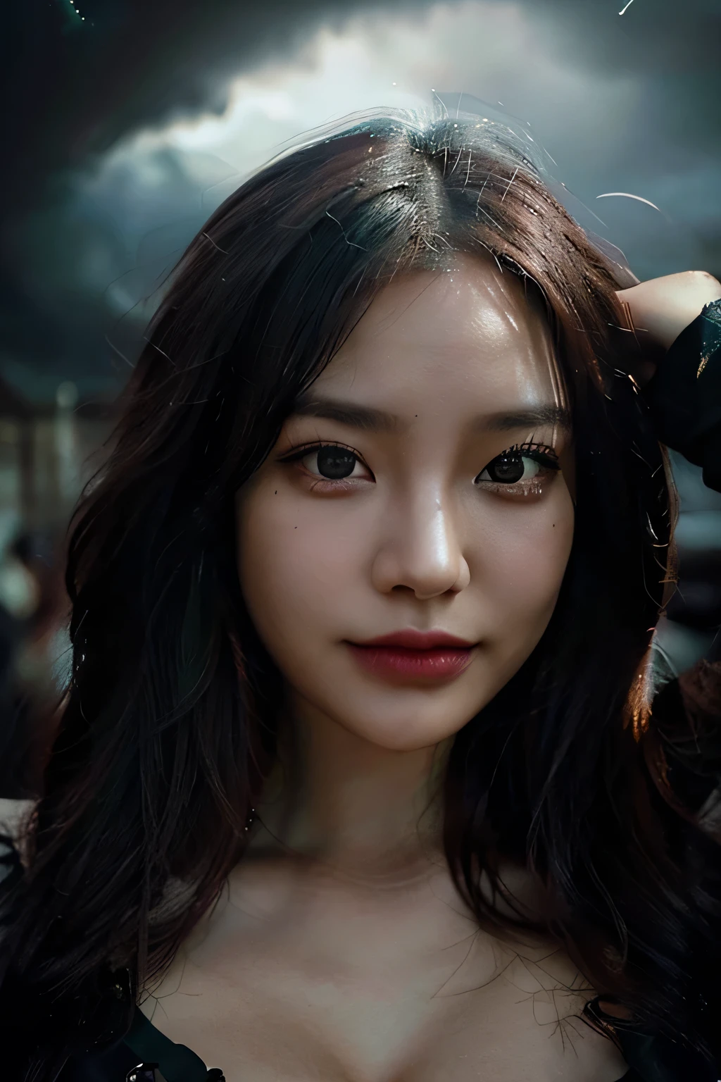 Beautiful woman, dark makeup, over-detailed photography, soft light, portrait of head and shoulders, blanket,| (darkness:1.1), Clouds, deep shadow, darkness, award-winning photo, Extremely detailed, Amazing, small details, Absurd, ([Kim Dahyong|Park Min-young]:0.8), perfect beautiful woman extremely detailed, extremely detailed and extremely symmetrical eyes and face, light illumination of piercing and sharp green eyes, detailed clothing, smooth and radiant skin, underground glow, (goth: 0.8), double boon, fringe, frilly, skirt, red hair, Par Lee Jeffries [ (Psychedelic colors of ink explosions: 1.21): : 0.15], Nikon D850 Film Photography 4 Camera Kodak Portra 400 Lens F1.6 saturated colors Hyperrealistic texture Realistic lighting Dramatic Trend Irrealengine in Artstation Cinestill 800 Tungsten, Style-Nico , (Kind Heart: 0.7), (modest: 0.8 ), Happy, Excited, (rude: 0.8), parted lips, close-up portrait style-a magical whirlpool