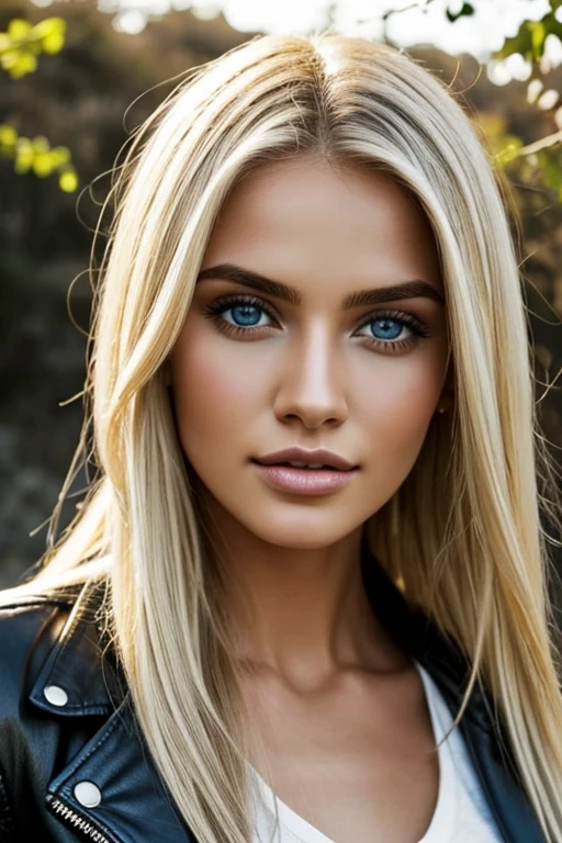 American、blue eyes、blonde straight long hair、whole body、Charm、In a pair of jeans and a leather jacket, well dressed、Glamour、high resolution、backwards、y pose、big 、face is front , Uma imagem cativante de uma mulher branca radiante com longos, cabelos loiros ondulados caindo em cascata pelos ombros e olhos castanhos que brilham com calor. Your physique is toned and fit, exuding an aura of health and vitality. The scene is lit with soft, warm tones in high definition, estilo ultra-realista. The intricate details of her skin texture are highlighted in a close-up, dando ao retrato um aspecto hiperdetalhado, cinematic feel that truly brings your beauty to life. Despite the absence of a specific prompt, the image conveys an air of elegance and timeless charm