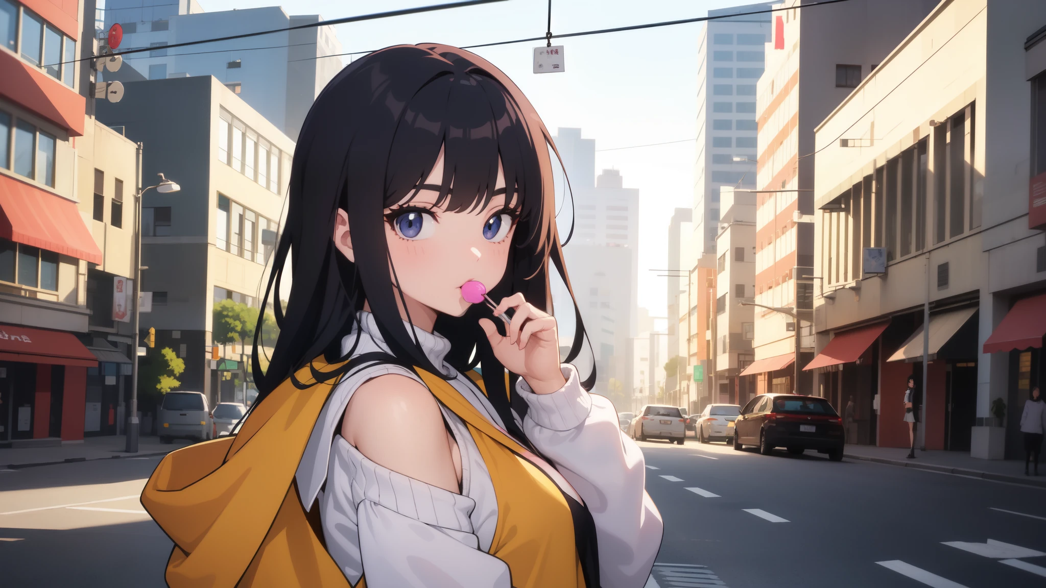 ((melhor qualidade)), ((Obra de arte)), (detalhado), 1 garota, shoulder to shoulder sweater, Desenhe uma colegial comum de anime em uma cidade noturna. She is wearing heavy makeup and holding a lollipop in her mouth. She's near an alley in a neon city, angulos diferenciados, estilo anime, encostada na parede, segurando celular, com mochila nas costas, cabelo comprido, pirulito na boca, maquiagem forte, Closed scenario, pouco amplo, detalhado, High definition, fundo detalhado, evangelion, naruto, taiho shichauzo, konosuba, sakura, sailor moon, nami, epic, efeitos especiais, rev animated, unreal.
