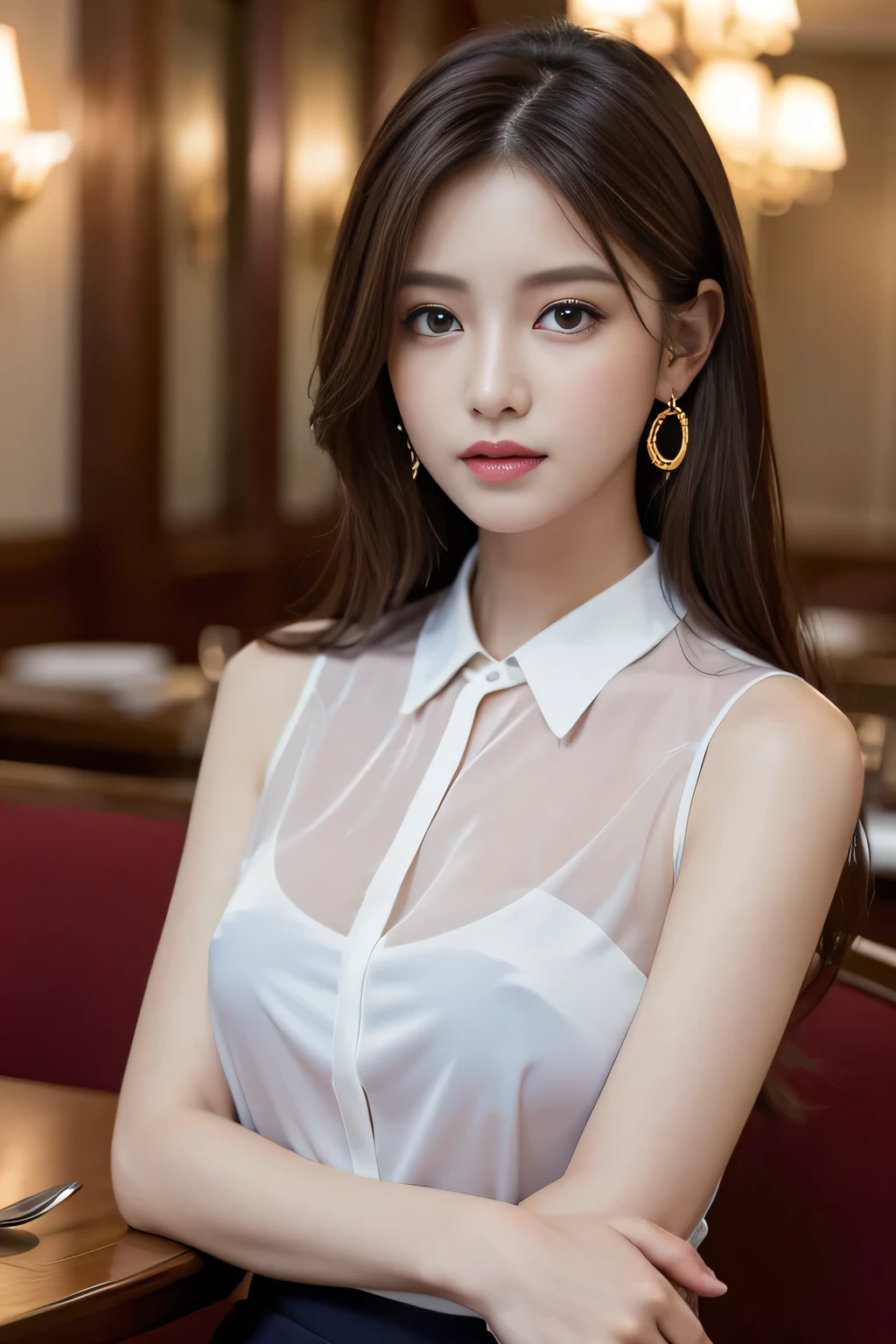 masterpiece, highest quality, Realistic, Very detailed, Finer details, High resolution, 8k wallpaper, One beautiful woman, Wear an elegant navy blue see-through blouse, In a great restaurant, At night, Light brown messy hair, Perfect dynamic composition, Beautiful and beautiful eyes、Big earrings、Sleeveless shirt、