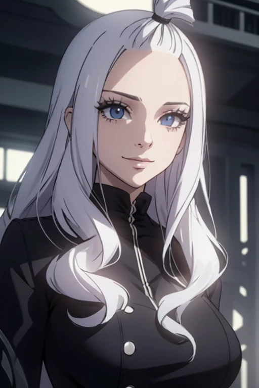 Mirajane Strauss, beautiful detailed eyes, beautiful detailed lips, extremely detailed eyes and face, long eyelashes, beautiful smile, woman, elegant, white shirt, black overcoat, cinematic lighting, highly detailed, photorealistic, 8k, hyper realistic, intricate details, masterpiece, dramatic lighting