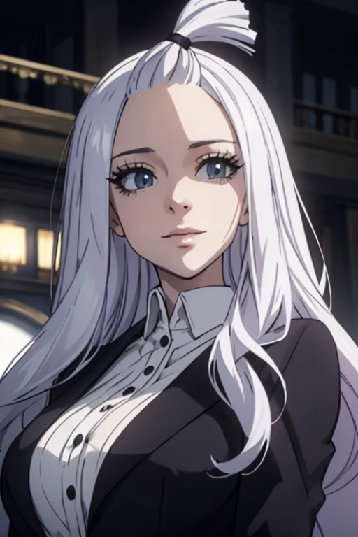 Mirajane Strauss, beautiful detailed eyes, beautiful detailed lips, extremely detailed eyes and face, long eyelashes, beautiful smile, woman, elegant, white shirt, black overcoat, cinematic lighting, highly detailed, photorealistic, 8k, hyper realistic, intricate details, masterpiece, dramatic lighting