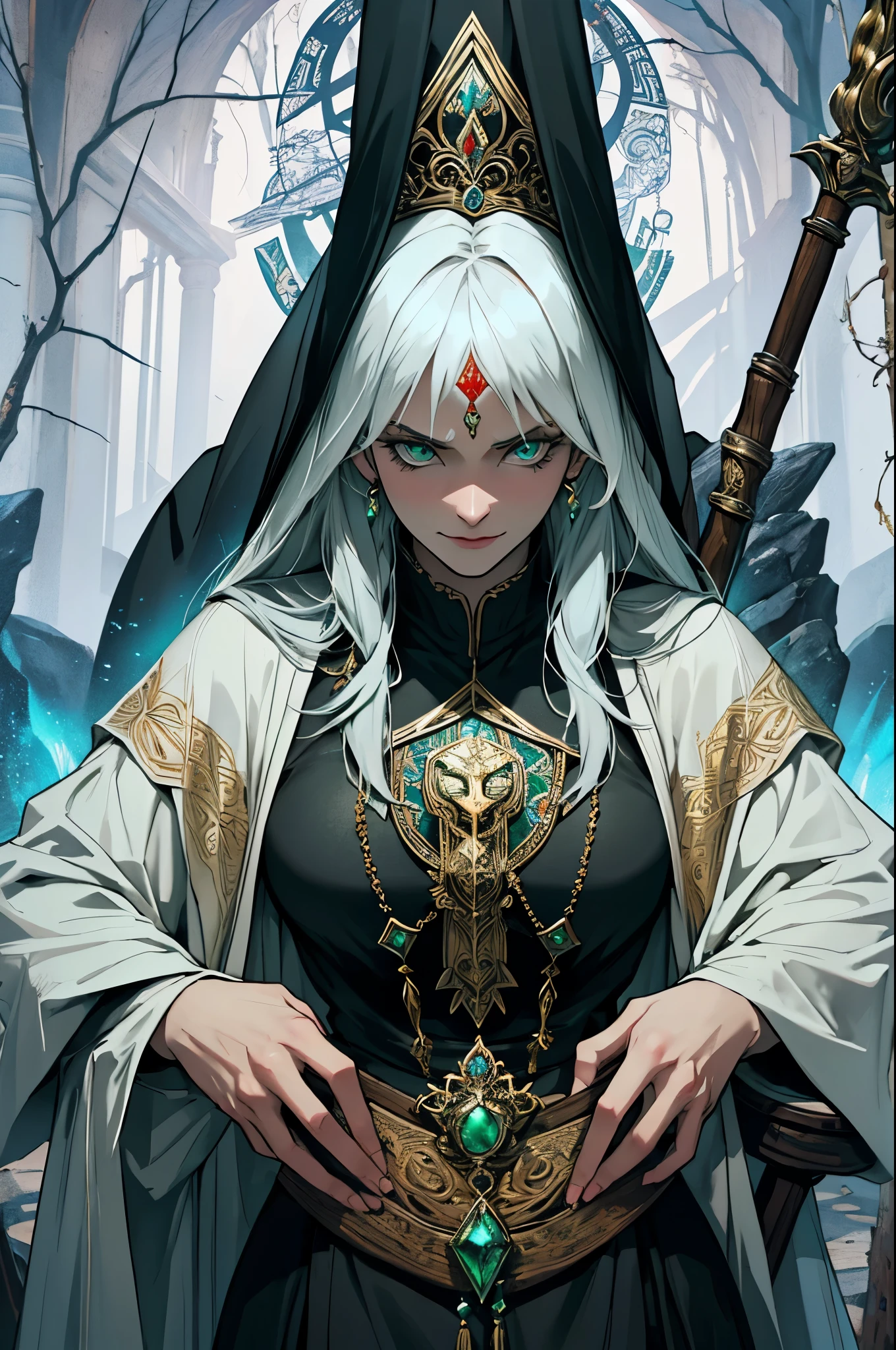    Draw Irina Petrovna (Baba Yaga) in a regal and commanding pose. She stands tall with a dark, magical aura glowing intensely around her. Her traditional Slavic clothing with intricate embroidery and her carved wooden staff with magical symbols add to her noble and powerful appearance. Her enigmatic and weathered features and deep emerald green eyes emphasize her divine and commanding presence, reflecting her mythic abilities and noble heritage.