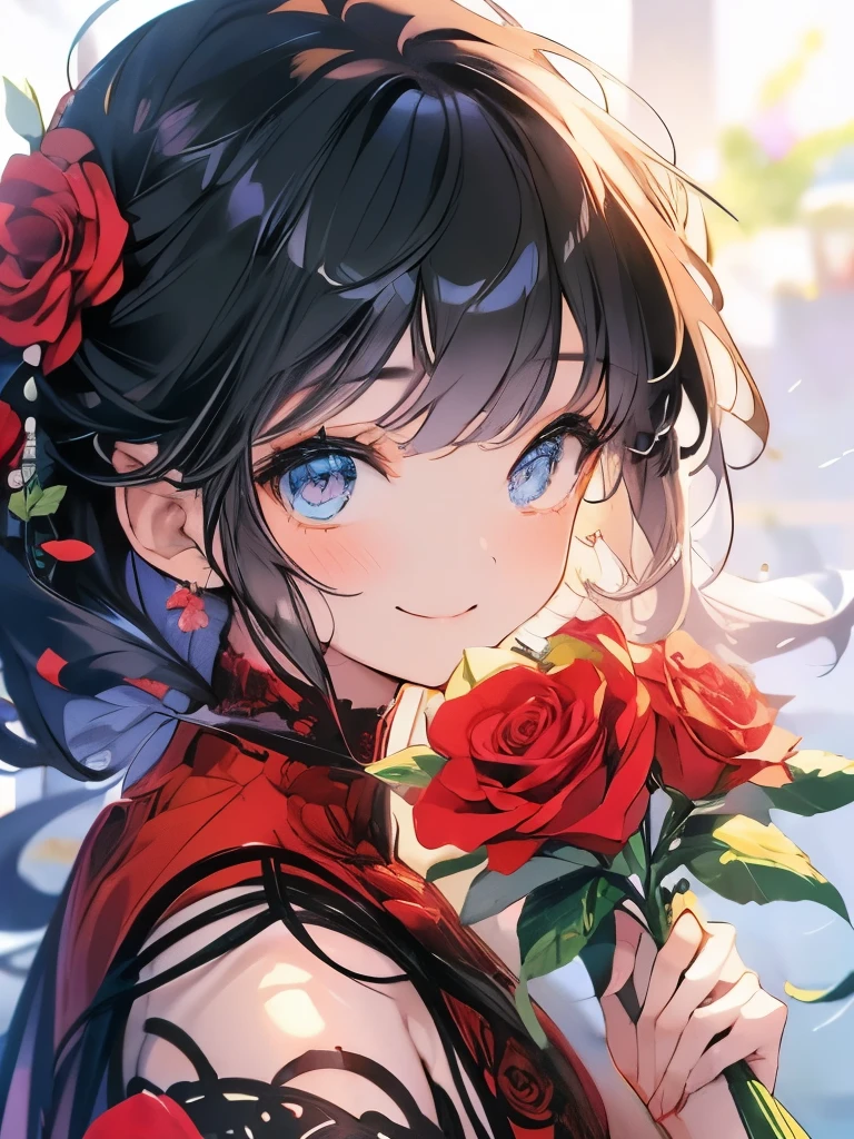 (((Delicate eyes)))、smile、Anime Girls, Black Hair、 可愛いAnime Girls、smile、Red Rose、Lots of roses、Fractal Art、Gwaiz、Flower Garden