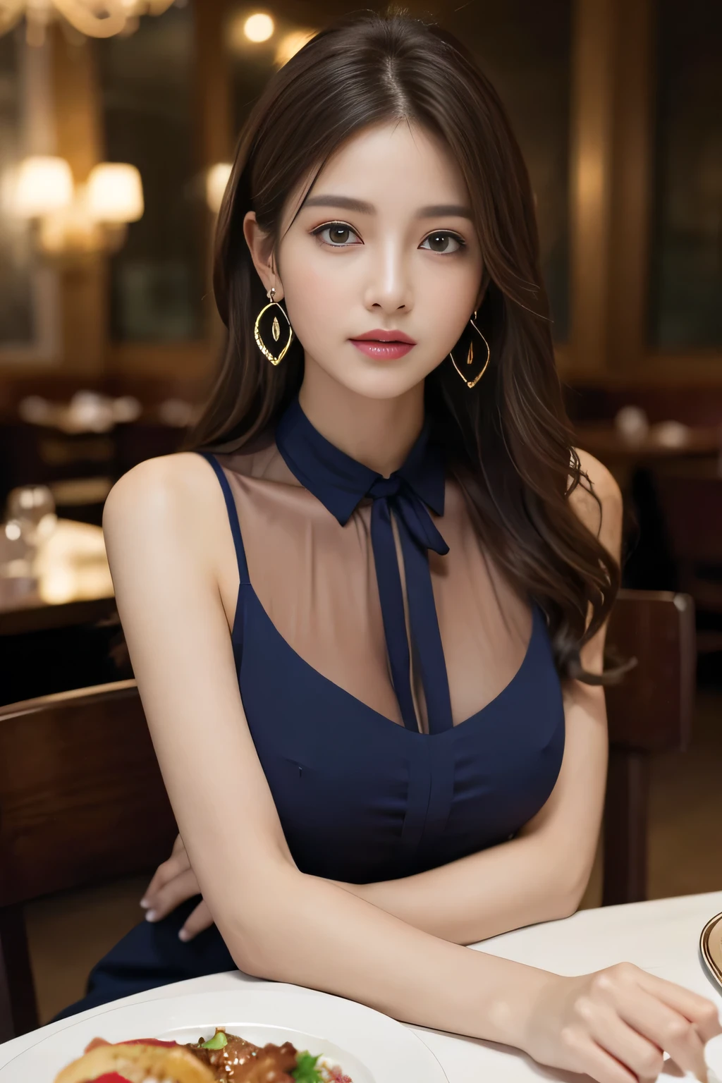 masterpiece, highest quality, Realistic, Very detailed, Finer details, High resolution, 8k wallpaper, One beautiful woman, Wear an elegant navy blue see-through blouse, In a great restaurant, At night, Light brown messy hair, Perfect dynamic composition, Beautiful and beautiful eyes、Big earrings、Sleeveless shirt、