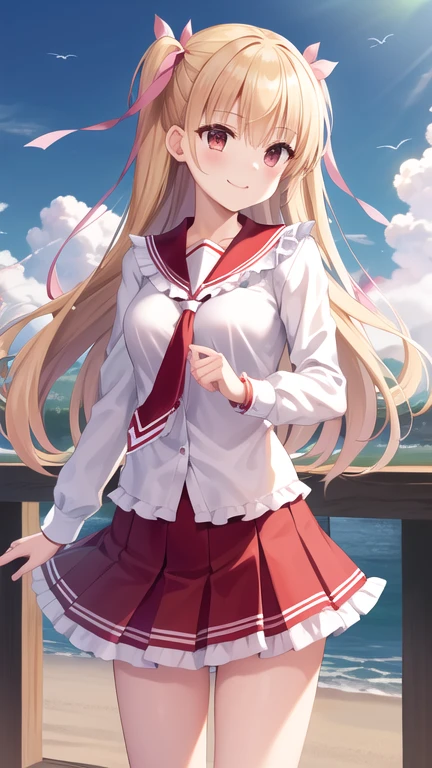 masterpiece, best quality, highres, aariko, long hair, blonde hair, two side up, hair ribbon, pink ribbon, , frills, serafuku, sailor collar, necktie, white shirt, long sleeves, red skirt, standing, cowboy shot, outdoors, smile