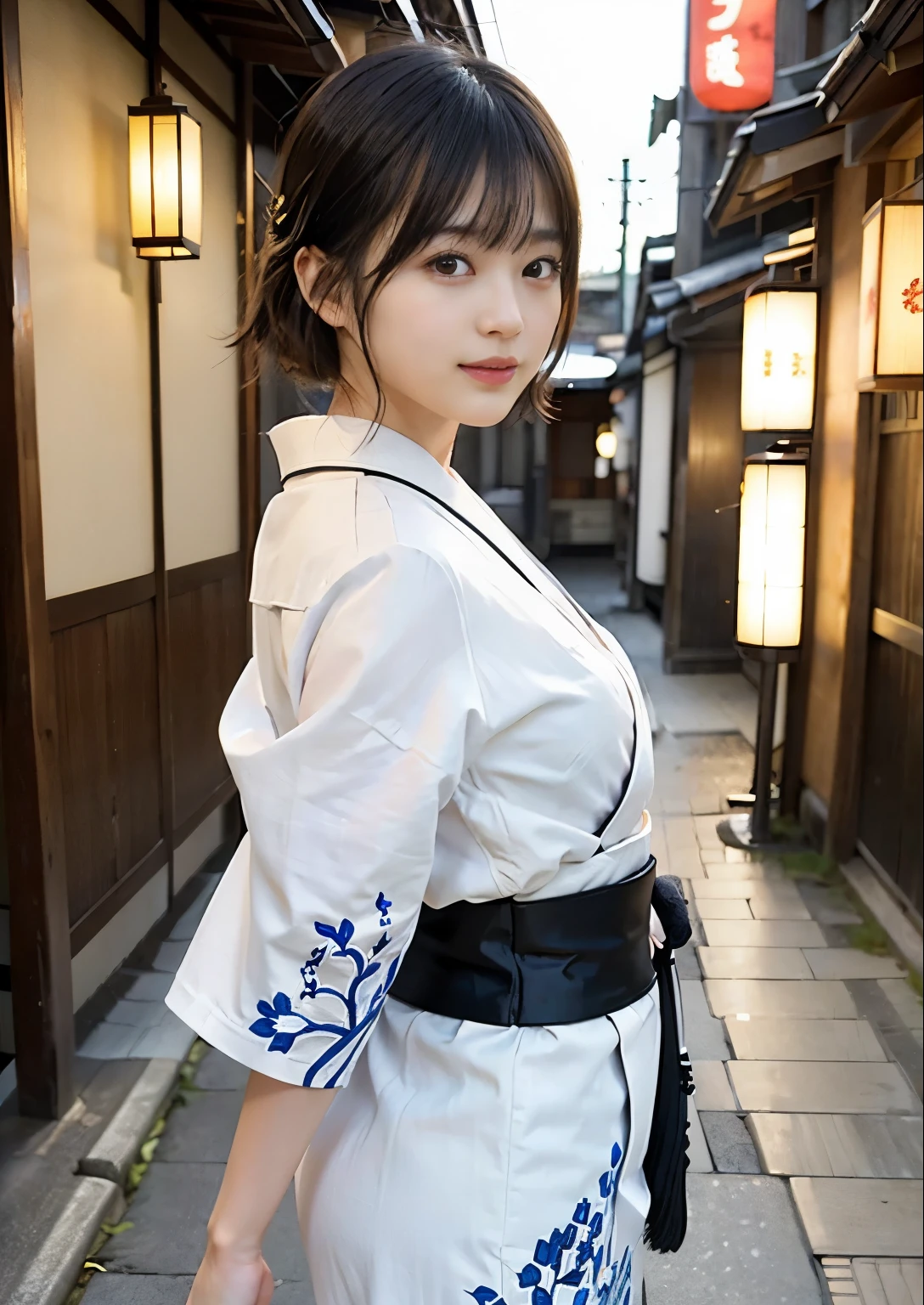 smile、(masterpiece、highest quality:1.2)、8k、beautiful girl、one person、Natural body shape、White skin、Natural Makeup、Black Hair、bangs、Straight Short Hair、((Wearing a kimono with a Japanese pattern))、yukata、((In the narrow backstreets of Japan:1.3))、A restaurant street lined with signs and neon lights、Light leaking from inside the store、Hair blowing in the wind、Brush your hair up、Pose while looking at the camera