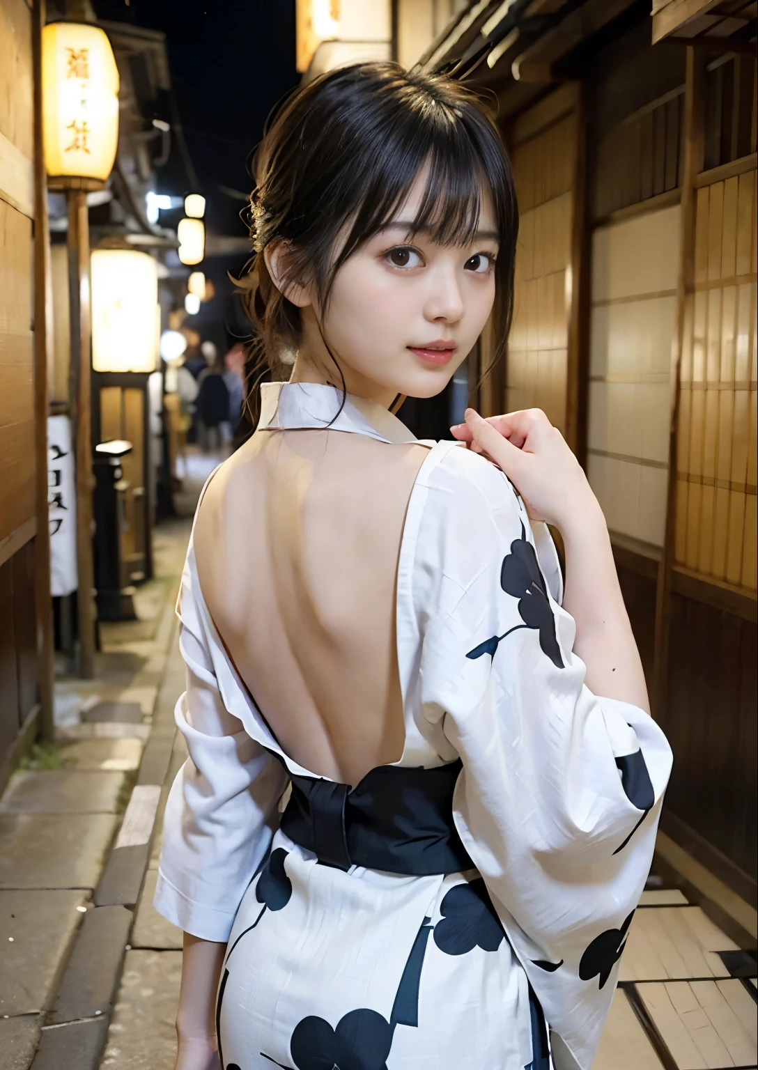 smile、(masterpiece、highest quality:1.2)、8k、beautiful girl、one person、Natural body shape、White skin、Natural Makeup、Black Hair、bangs、Straight Short Hair、((Wearing a kimono with a Japanese pattern))、yukata、((In the narrow backstreets of Japan:1.3))、A restaurant street lined with signs and neon lights、Light leaking from inside the store、Hair blowing in the wind、Brush your hair up、Pose while looking at the camera
