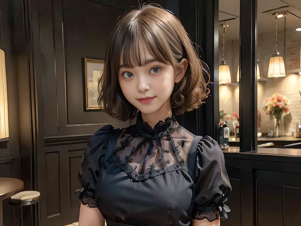 Ultra HD、8K、(1 female:1.2. Beautiful and natural、High-quality texture, Intricate details, Fine texture, High detail, Extremely detailed CG, High Quality Shadows, Realistic facial expressions, Beautiful and delicate down to the last detail, Beautiful and delicate eyes, Brown pupil, Perfectly balanced face, Written boundary depth, Cinematic Light, Lens flare, Ray Tracing,perspective, (Big eyes:1.2), Perfect body,Dutch Angle,Excellent anatomy,, elegant, Bright colors, 、Waist、Small Mouth、((Silけ-colored clothes))、((bar))、((furubody))、15 years old、(Very short hair/Ultra short),night、night scene、(Super Short Hair)、((Ultra short hair、Curly Hair、Curly Hair))、Straight bangs、((one person))、smile、Black short sleeve lace top、Black tulle skirt、Black clothing、”dwarf”(Floral clothes)、Single、
