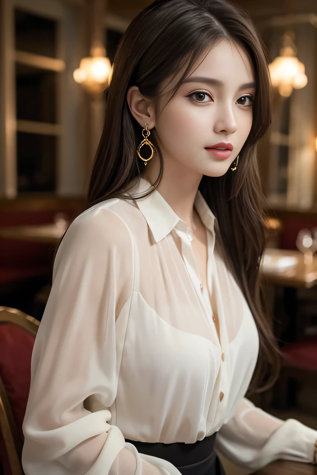 masterpiece, highest quality, Realistic, Very detailed, Finer details, High resolution, 8k wallpaper, One beautiful woman, Wear an elegant black see-through blouse, In a great restaurant, At night, Light brown messy hair, Perfect dynamic composition, Beautiful and beautiful eyes、Big earrings